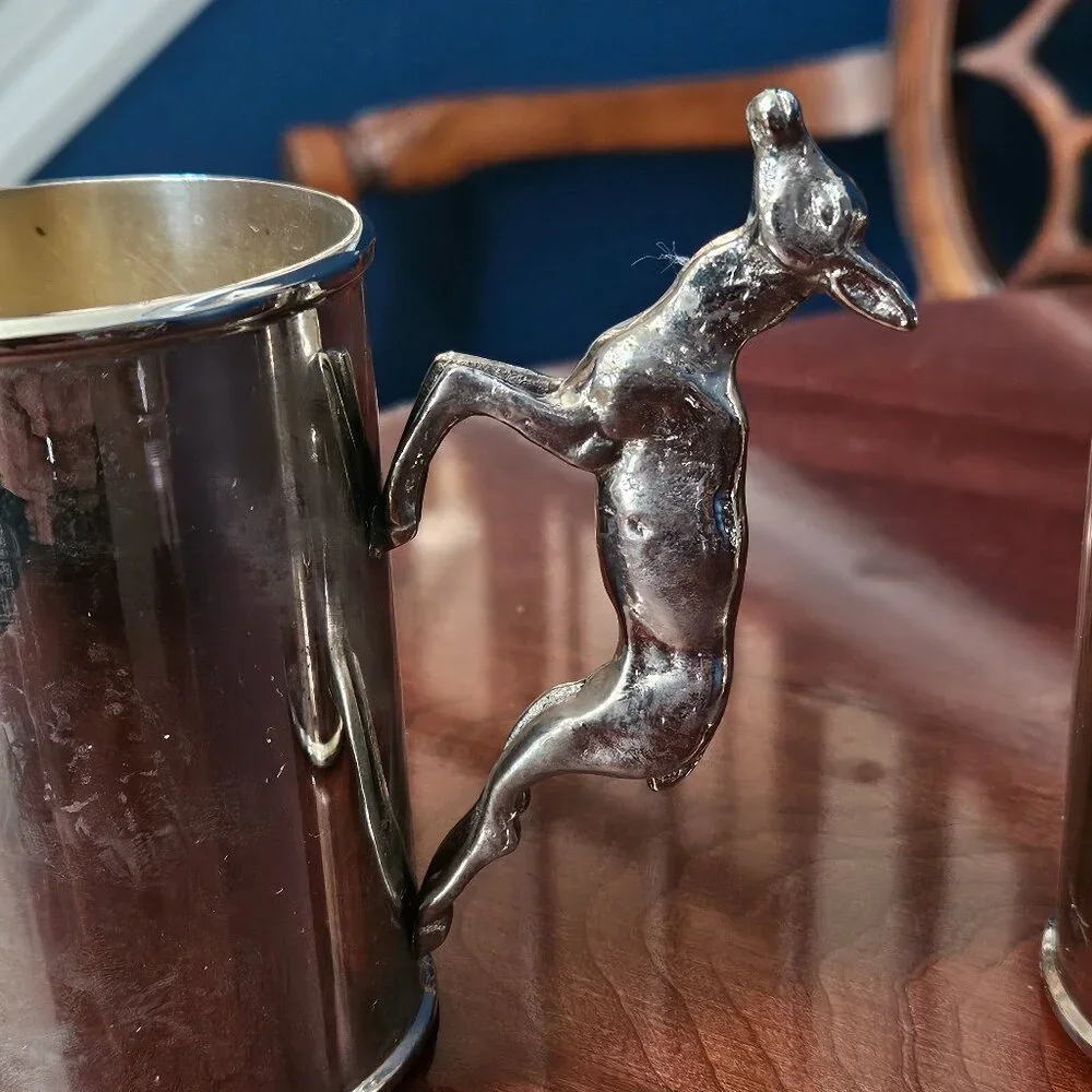 2 LUXURY VINTAGE RARE ESTATE GUCCI TANKARD SILVER PLATE DEER BEER STEIN CUP MUG